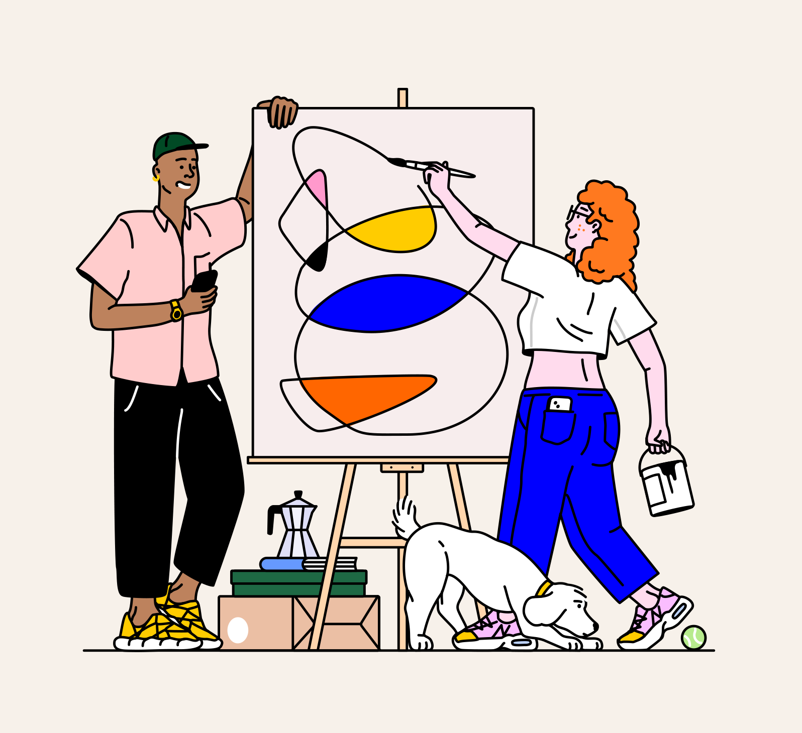 This image is a vector illustration of two people and a dog next to a painting canvas. the female is painting on it while the male is leaning next to it while holding a phone.