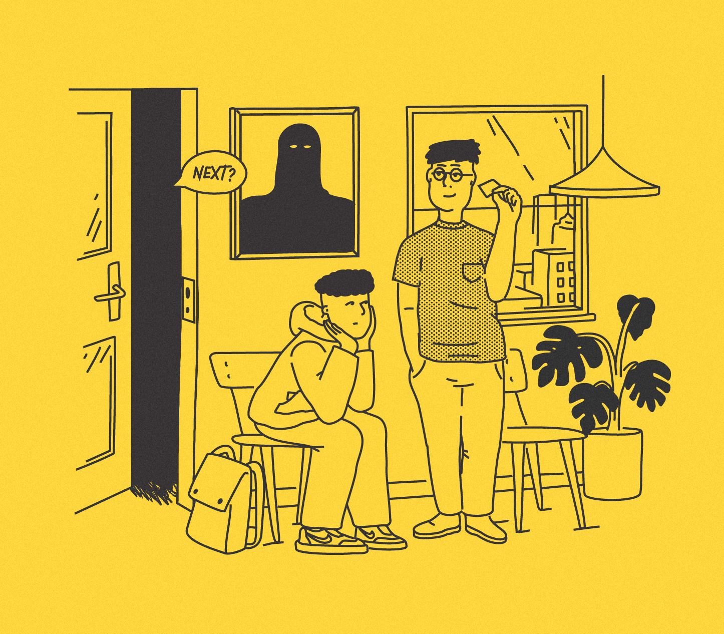 A vector illustration showing two males, one sitting and one standing in line in front of an office door, waiting to be called in.