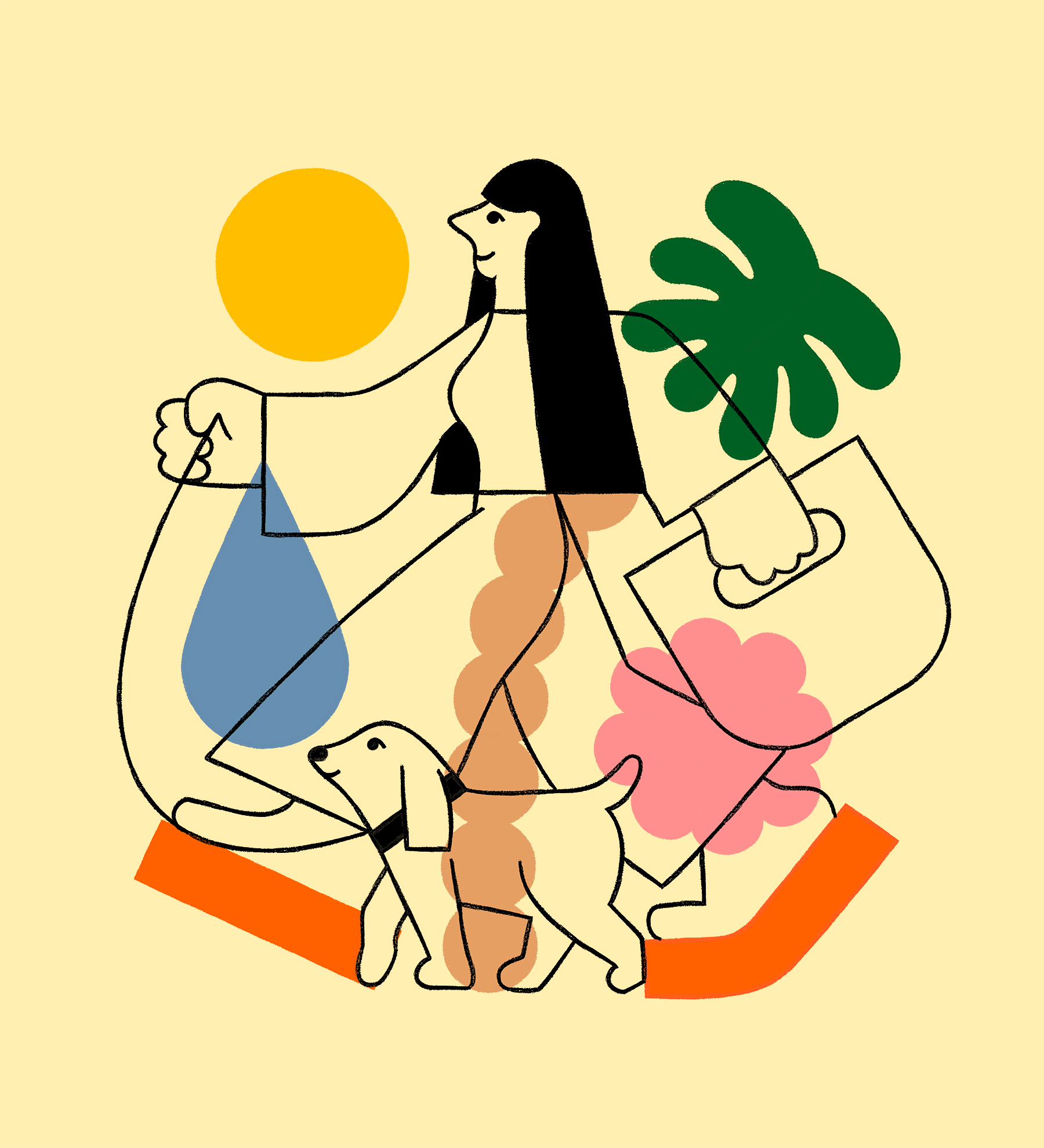 A simple line illustration of a female walking a dog.