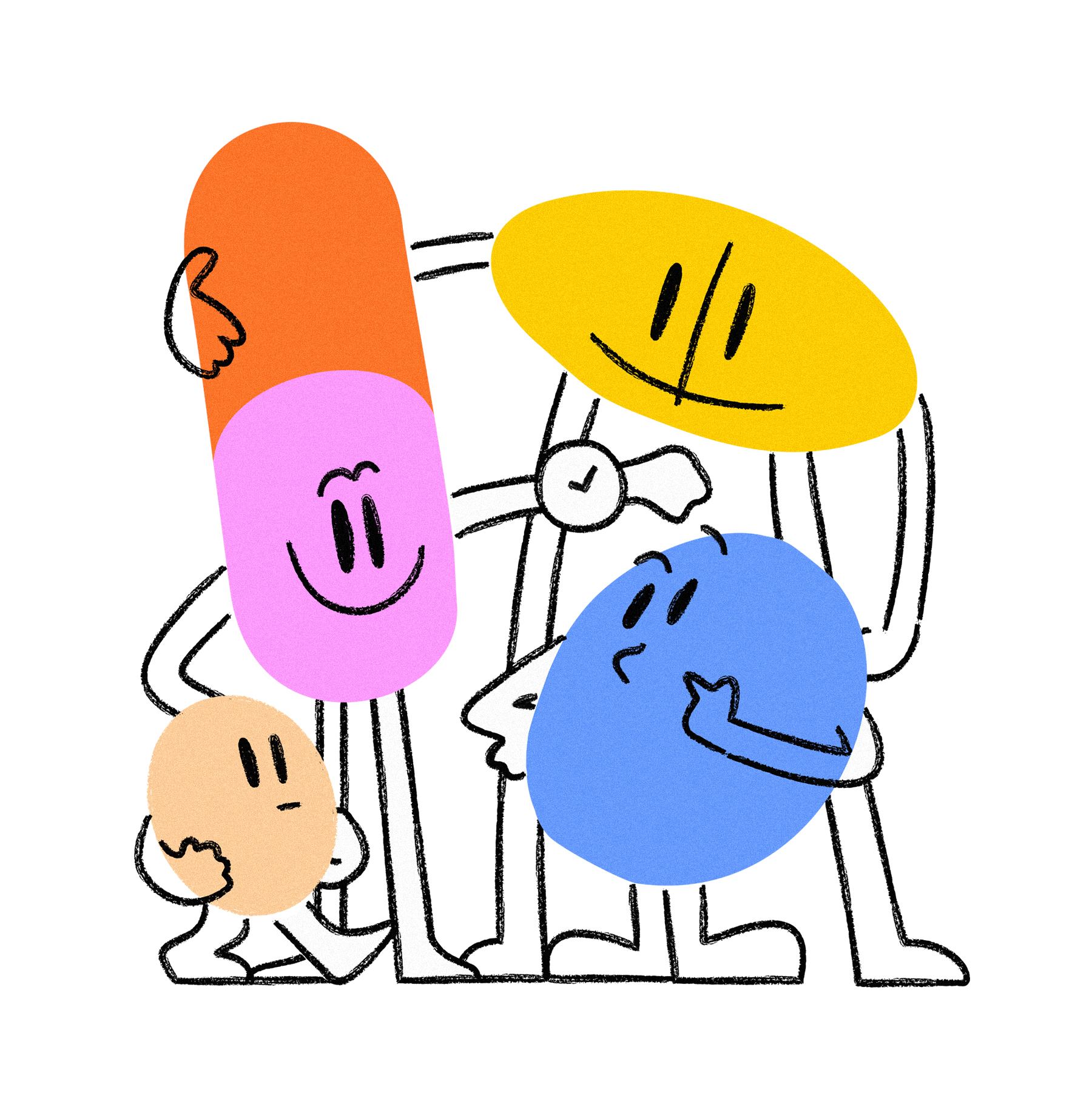 An illustration of 4 types of medications presented as fun characters showing the time